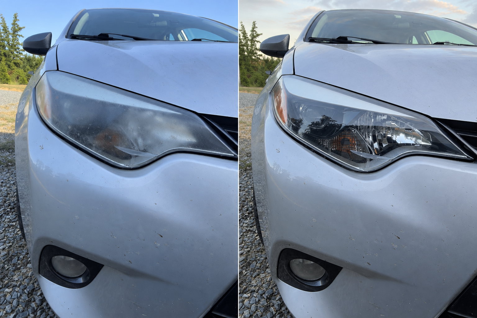 Cloudy Toyota Corolla headlight before restoration beside the same headlight after restoration